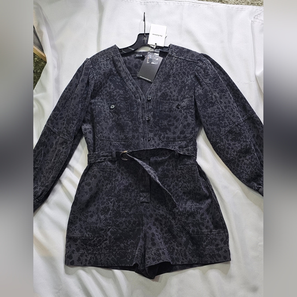 Black Denim Leopard Print Romper